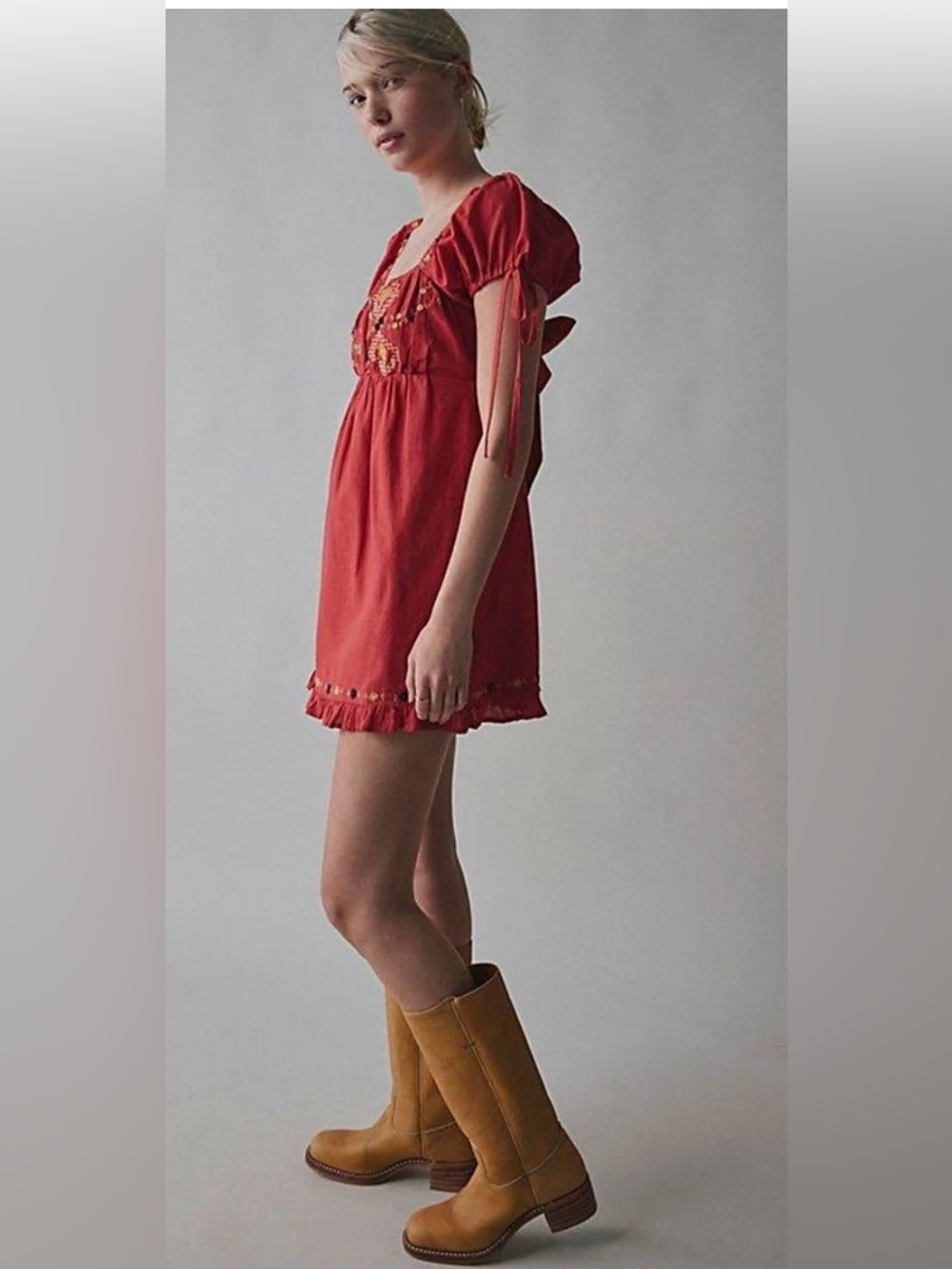 Urban Outfitters Boho Kimchi Blue Coral Red Embroidered Mini Dress Festival - Picture 4 of 7